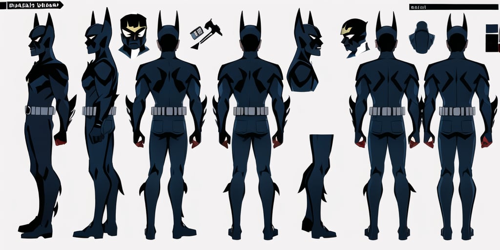 batman,  model sheet, turnaround,character sheet, front view, side view, back view,chara-sheet