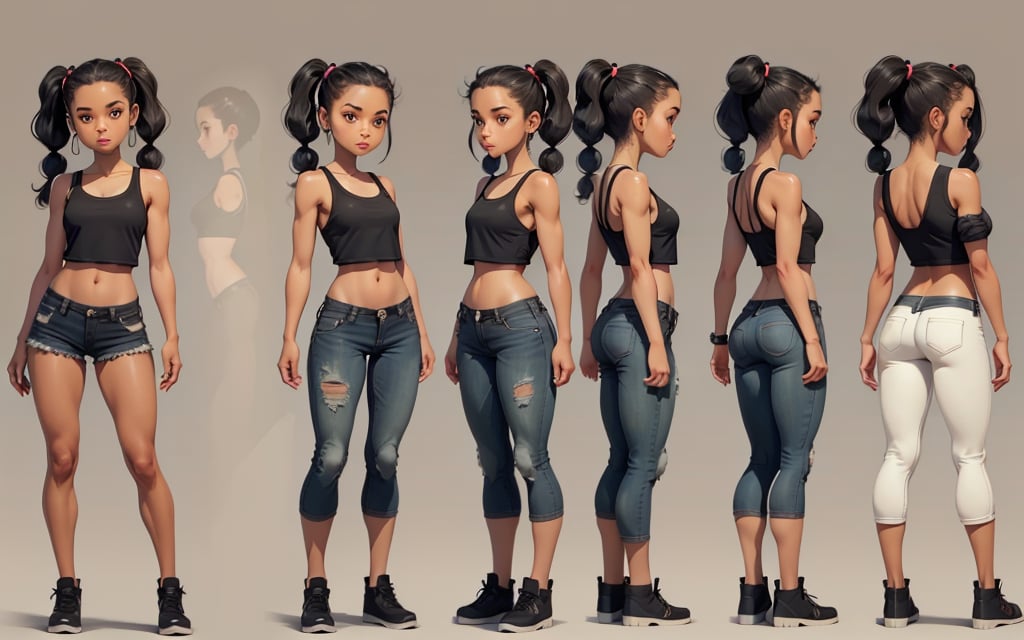 (masterpiece, best quality), 1girl, tan skin, (black hair, pigtails), flat chest, black tank, short jean, simple backgound


 character sheet, model sheet, turnaround, multiple views of the same character
