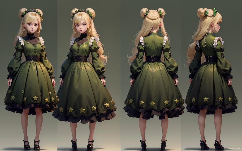 (masterpiece, best quality), blonde hair, green eyes, long sleeves, double hair bun, green shirt, puffy long sleeves, dress, puffy sleeves, frills, green dress, black shoes, star hair ornament, skirt, shirt, black hairband, (simple backgound), 


 character sheet, model sheet, turnaround, multiple views of the same character
