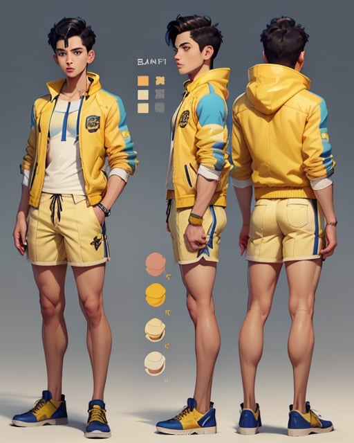 (masterpiece, best quality), boy, black hair, white shirt, yellow jacket, blue shorts, blue sandale, simple backgound, 

 character sheet, model sheet, turnaround, multiple views of the same character

