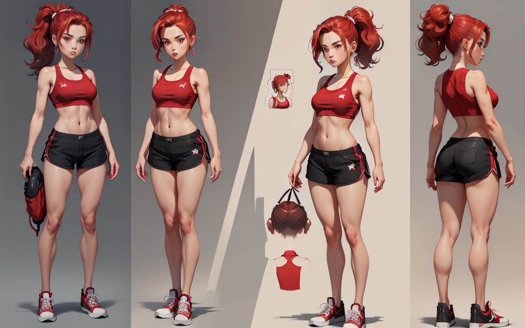 (masterpiece, best quality), 1girl,, red ponytail, red sport bra, black shorts, white sneakers, simple background,

 character sheet, model sheet, turnaround, multiple views of the same character
