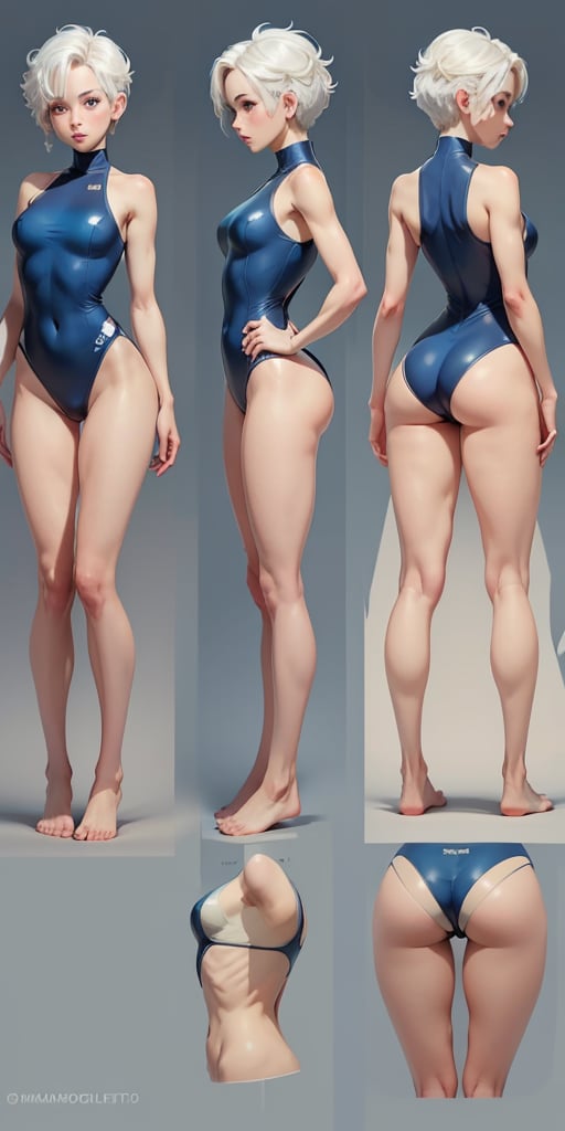 (masterpiece, best quality), 1girl, short white hair, blue one-piece swimsuit, barefoot, simple backgound
 character sheet, model sheet, turnaround, multiple views of the same character
