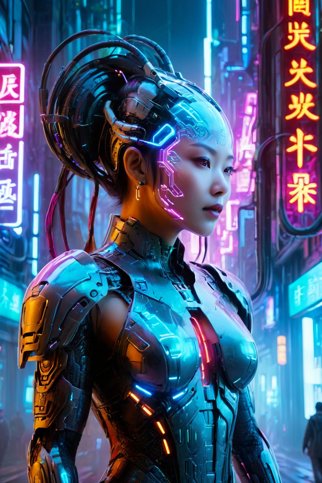 Tech-armored maiden on neon urban avenue, cyberpunk architecture, (ultra detailed), masterpiece quality, electric hues, night scene, Chinese Dragon, 