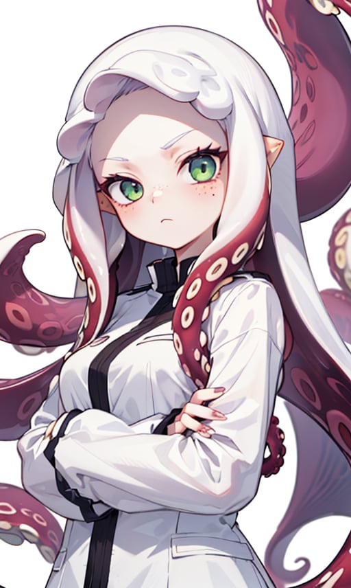 solo, long hair, looking at viewer, simple background, long sleeves, 1girl, white background, closed mouth, green eyes, upper body, white, pointy ears, fingernails, crossed arms, slit pupils, freckles, sharp fingernails, (white tentacle:1.6), (white tentacle hair:1.6), (white tentacles hair:1.2)