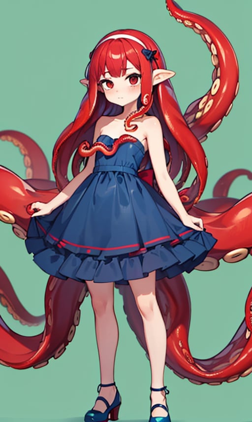1girl, solo, long hair, blush, simple background, dress, bow, standing, full body, hairband, shoes, strapless, blue dress, colored skin, monster girl, strapless dress, red tentacles, green background, blue footwear, red tentacle hair, suction cups, (red tentacle:1.6), (red tentacle hair:1.6), (red tentacles hair:1.2)