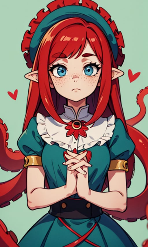 1girl, solo, long hair, looking at viewer, blue eyes, dress, closed mouth, upper body, short sleeves, heart, red hair, puffy sleeves, puffy short sleeves, own hands together, monster girl, interlocked fingers, tentacles, freckles, green background, tentacle hair, own hands clasped, bonnet, suction cups