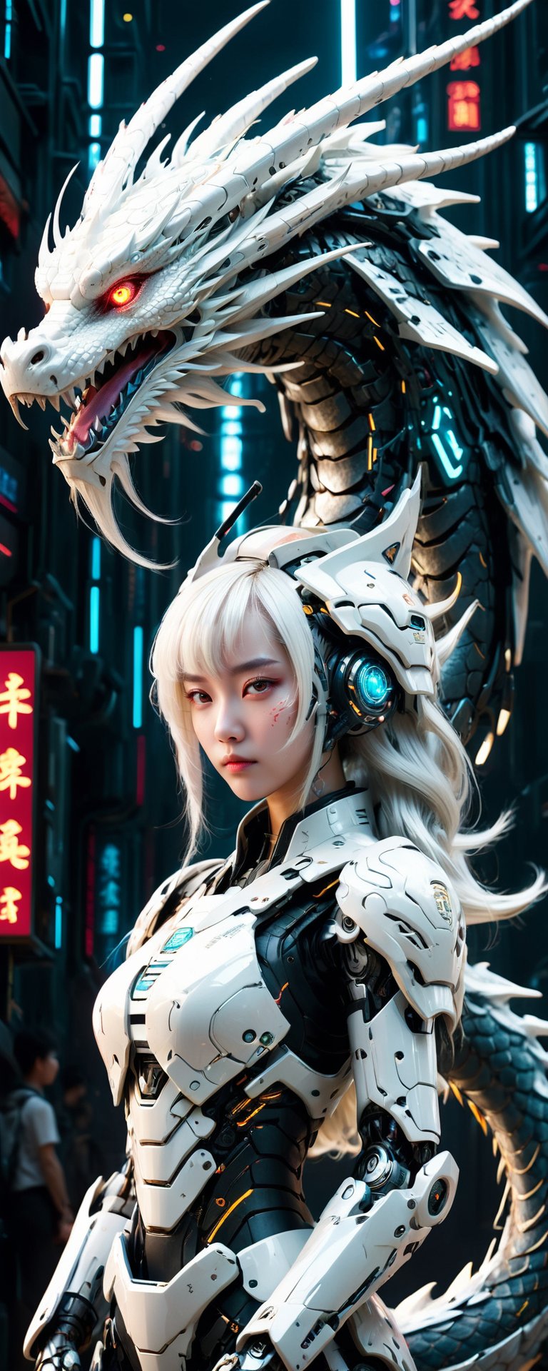 Full body,  outer_space,  robot female, human face, dragon skin, dragon scale pattern ,holding dragon head weapon, with long white hair,dragon-themed, complex background:1.1,Chinese Dragon,Mecha,Cyberpunk