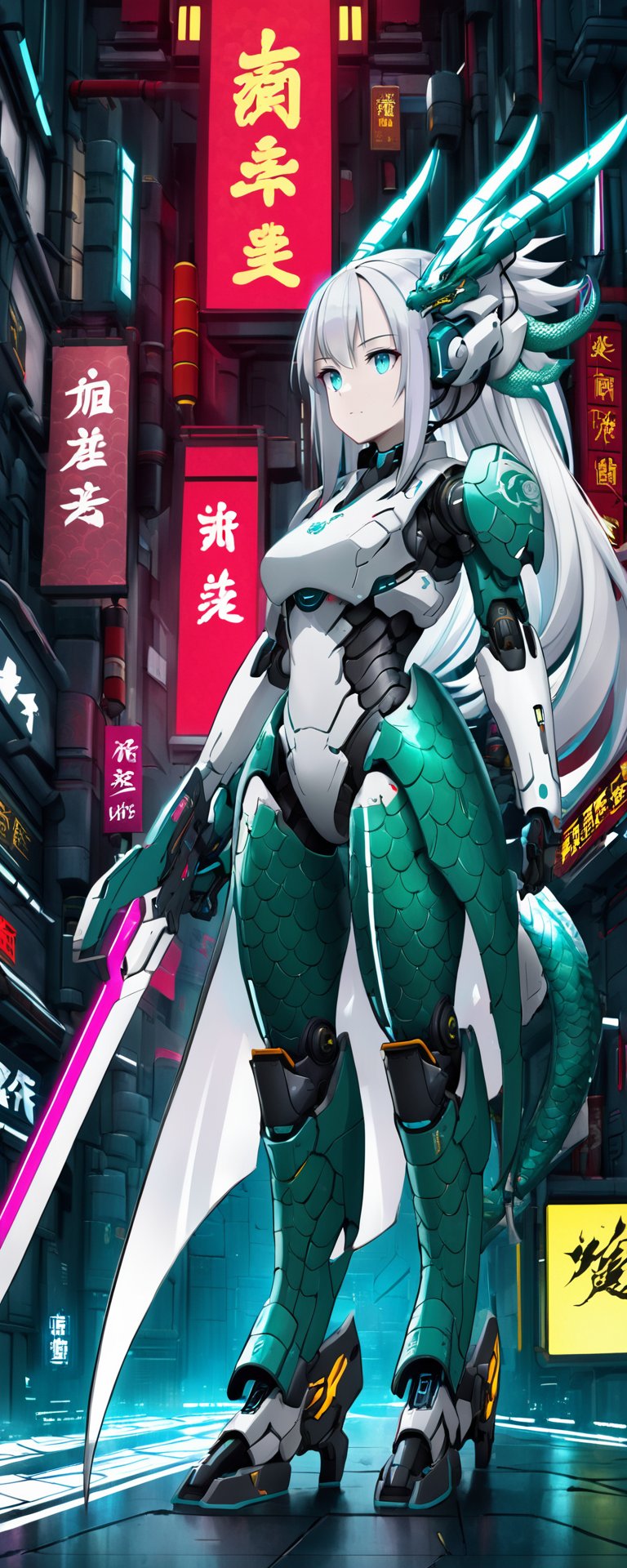 Full body,  outer_space,  robot female, human face, dragon skin, dragon scale pattern ,holding dragon head weapon, with long white hair,dragon-themed, complex background:1.1,Chinese Dragon,Mecha,Cyberpunk,Katon