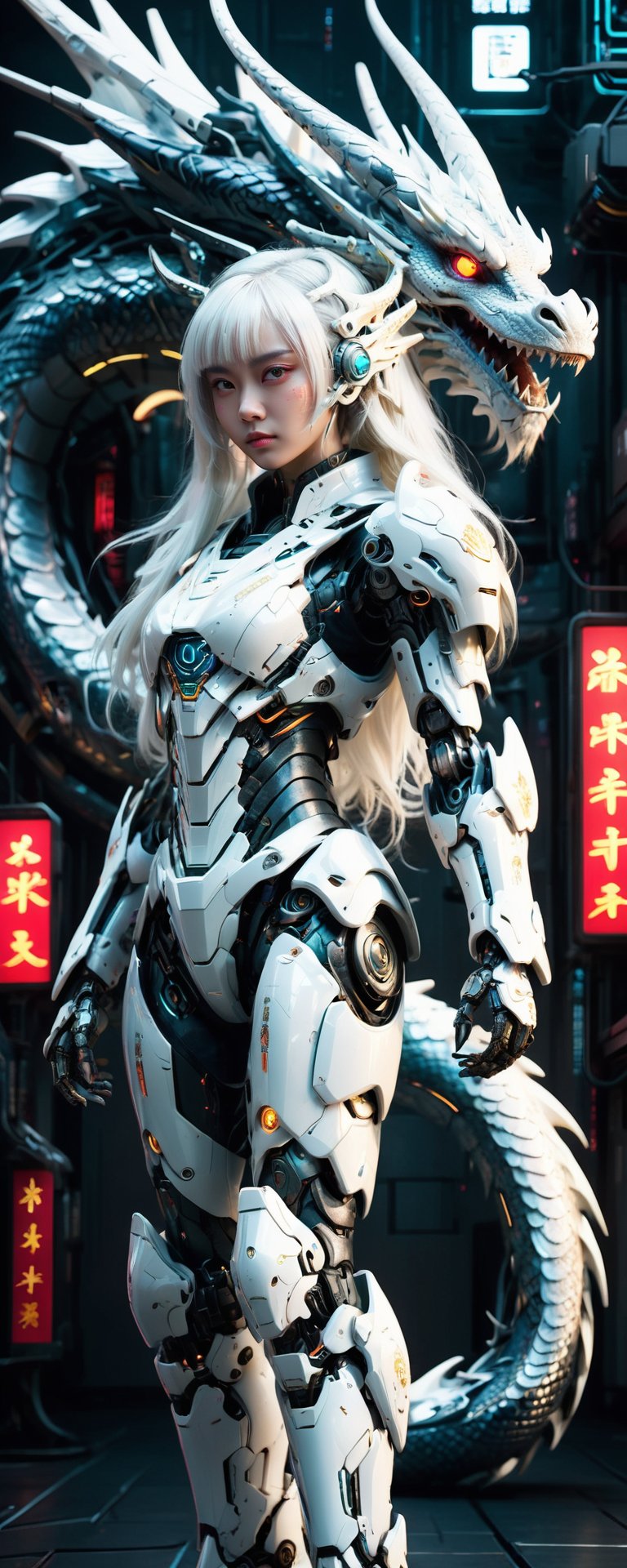 Full body,  outer_space,  robot female, human face, dragon skin, dragon scale pattern ,holding dragon head weapon, with long white hair,dragon-themed, complex background:1.1,Chinese Dragon,Mecha,Cyberpunk
