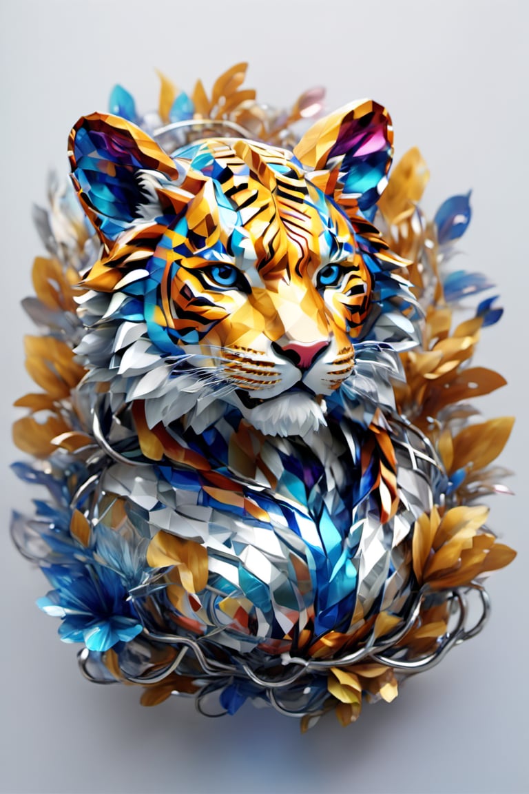 Produce a mascot in the form of a mythical Tiger, with a body composed of polished chrome and circuits, decorated with a maze of holographic creativity. Bright background, plain design, Chinese ink drawing, t-shirt design, pro vector,3D,glass shiny style