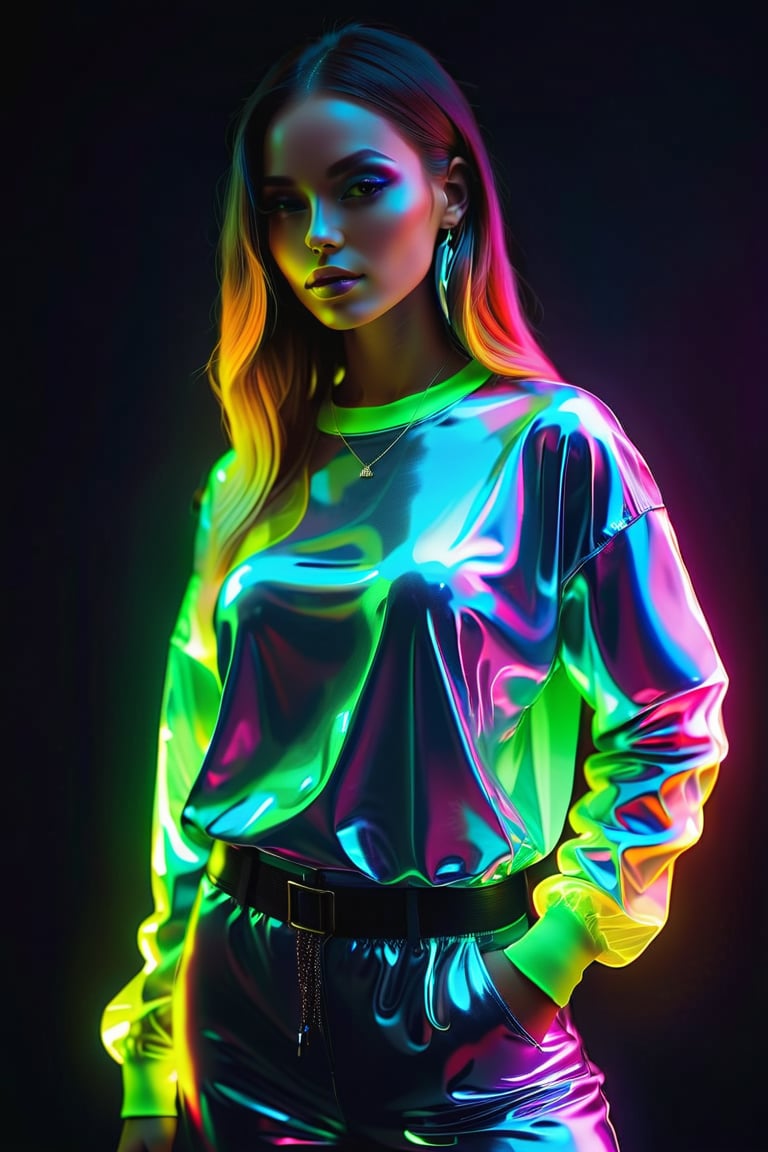 A beautiful hip-hop girl wearing Luminescent Clothing-in-the-dark shirt,LuminescentCL,glass shiny style