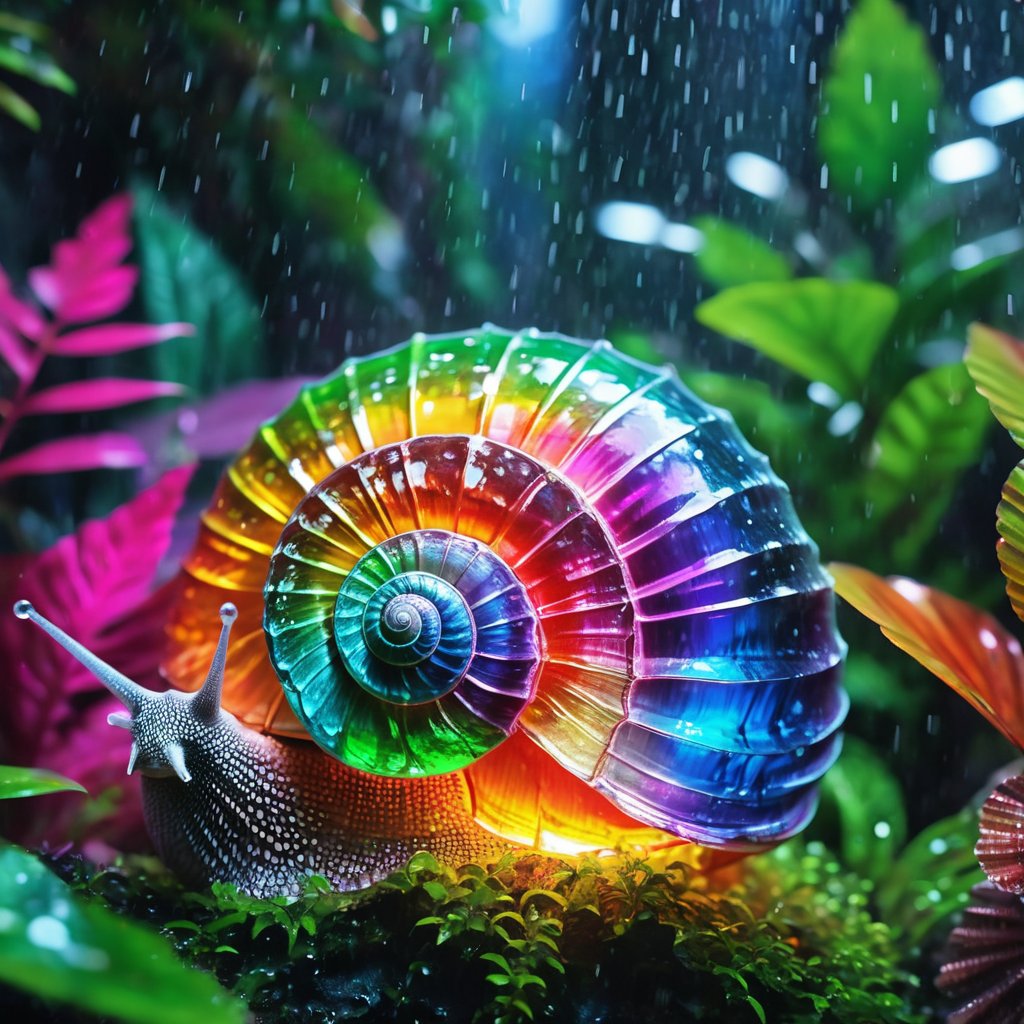 masterpiece, high quality, realistic aesthetic photo, pore and detailed, intricate detailed, graceful and beautiful textures, RAW photo, 16K, in the rainy jungle, crystal body snail,  ((rainbow neon light shell:1.4)),glass shiny style