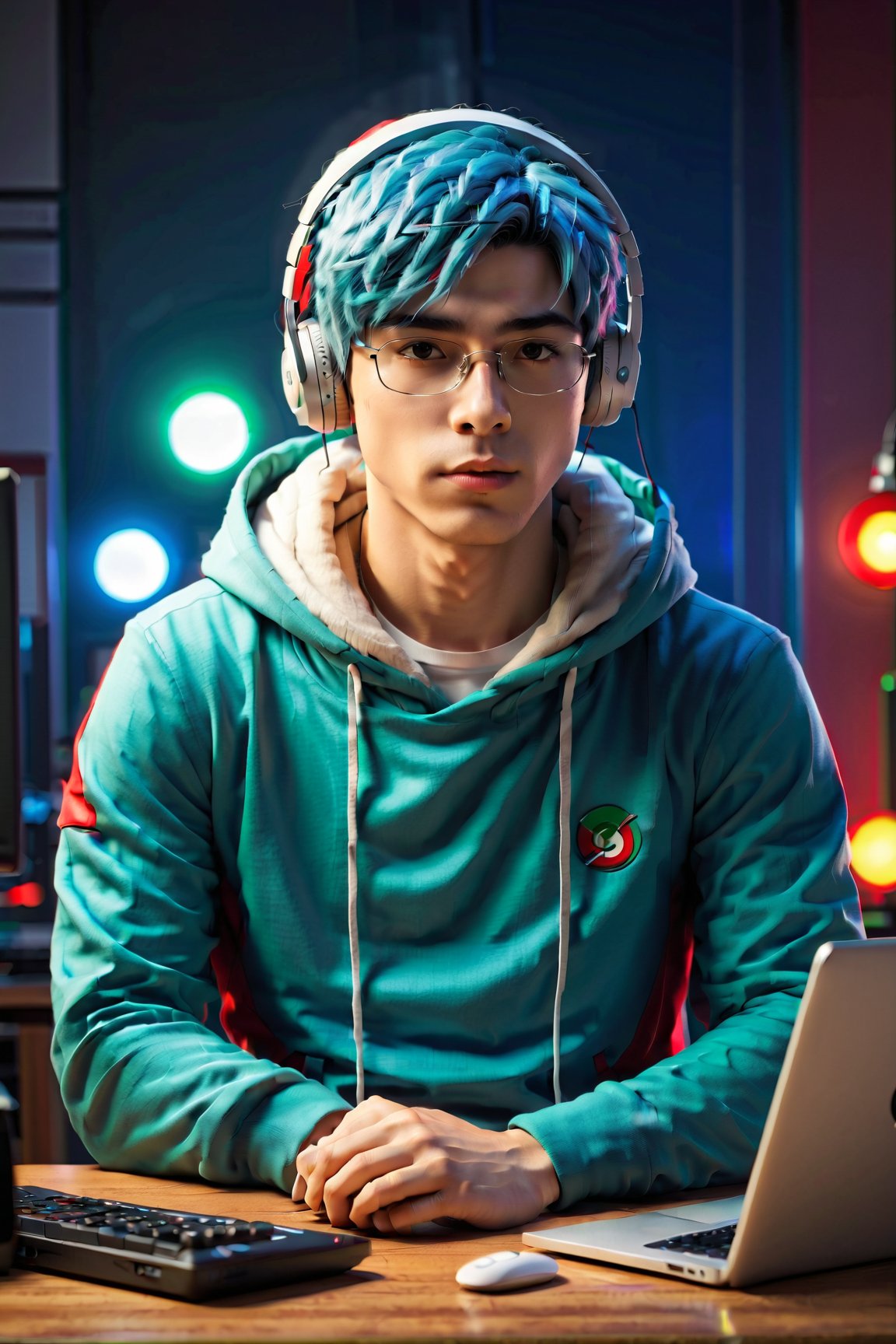 Geeky smart anime man wearing a blue Hoodie. He is sitting behind a laptop and a microphone. Studio anime style. Looking straight to camera centered Character portrait character in middle cool background with red and green and blue light

