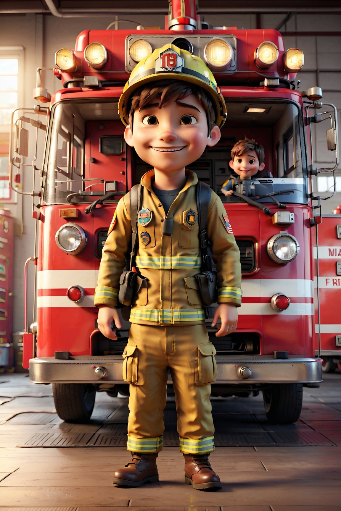 Draw Nico, ultra detailed American boy, slim, super cute, smiling, brown straight short hair, brown expressive dreamer eyes, wearing firefighter uniform, in a fire station with a fire truck, full body, hi definition, 32k resolution, “best quality”, “masterpiece" Full body, focus on face, dimple in cheek, best quality face, full body, 3d, chibi pixar style.

