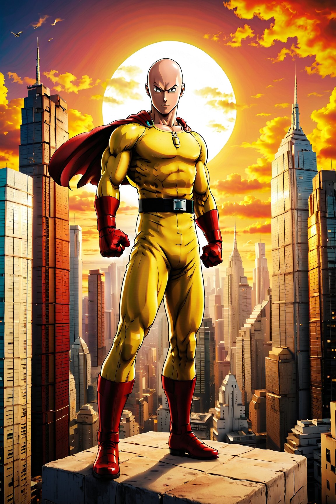 Create an image of Saitama from One punch man anime series posing to punch with all his strength with a background of skyscrapers for a poster of 12” by 16” size

