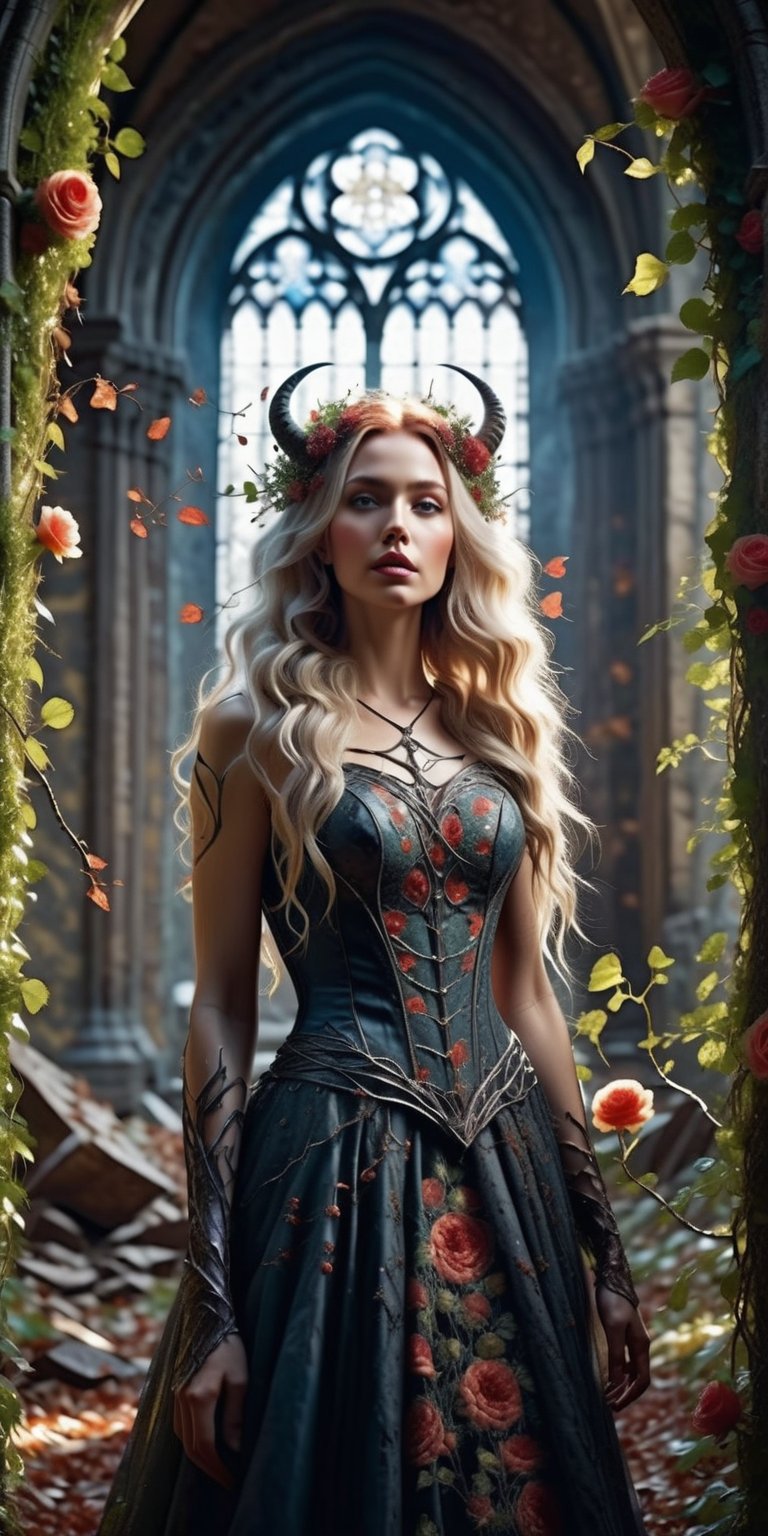 Masterpiece, Best Quality, highres, 1girl, In a decaying cathedral overrun by grotesque vines, a madgod girl feasts on shattered stained glass. Her gown, a tapestry of woven wildflowers, sprouts thorns that rake against the crumbling stone. Crystal shards glisten in her hair, mimicking the shattered remnants of faith. Twisted horns, entwined with thorny roses, frame her predatory grin as she savors the forbidden beauty of destruction. (Macro details, decaying Gothic setting, fashion as nature reclaiming the artificial),Movie Still,photo r3al