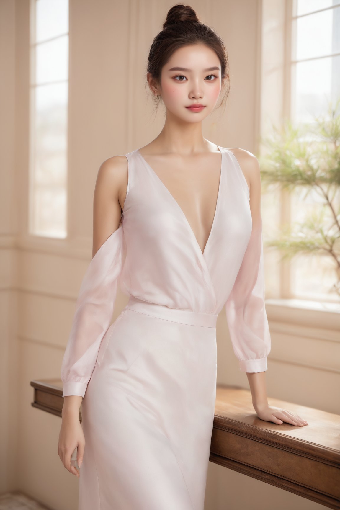 (ultra best quality, in 8K, masterpiece, delicate illustration), 1girl, perfect body,((reality skin)),(silk clothing),dynamic posture, high bun hair, beautiful face, perfect body, red lips, smile