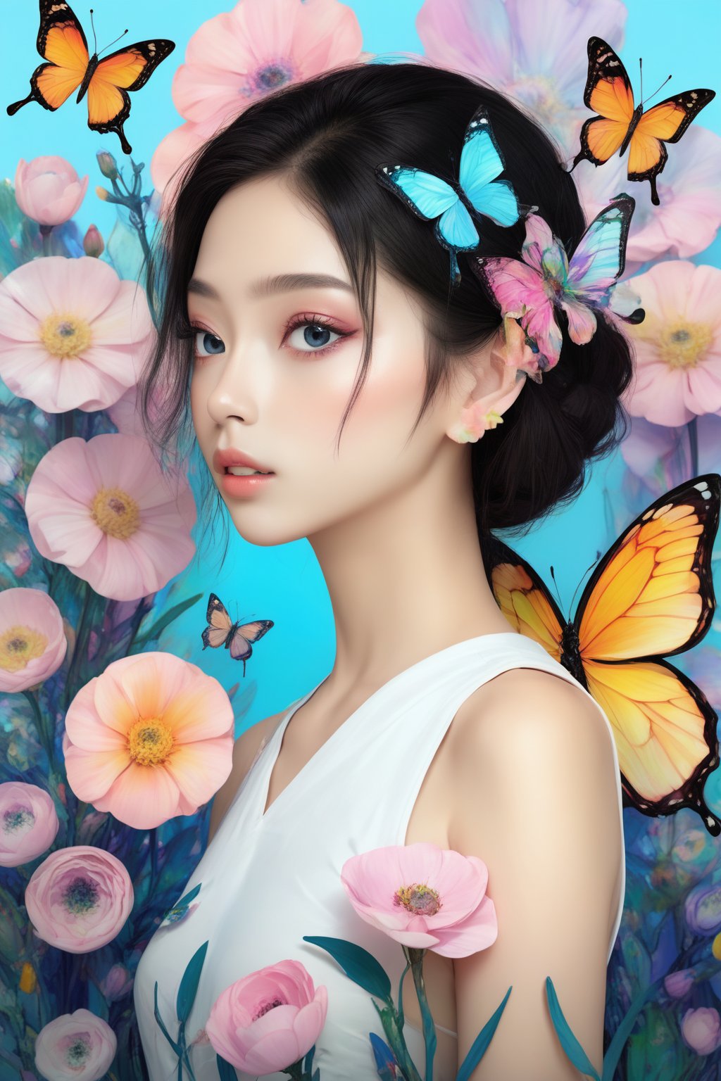 (masterpiece:1.1),(highest quality:1.1),(HDR:1),ambient light,ultra-high quality,( ultra detailed original illustration),(1girl, upper body),((harajuku fashion)),((flowers with human eyes, flower eyes)),double exposure,fusion of fluid abstract art,glitch,(original illustration composition),(fusion of limited color, maximalism artstyle, geometric artstyle, butterflies, junk art),more detail XL,Perfect skin,Retouch all bugs