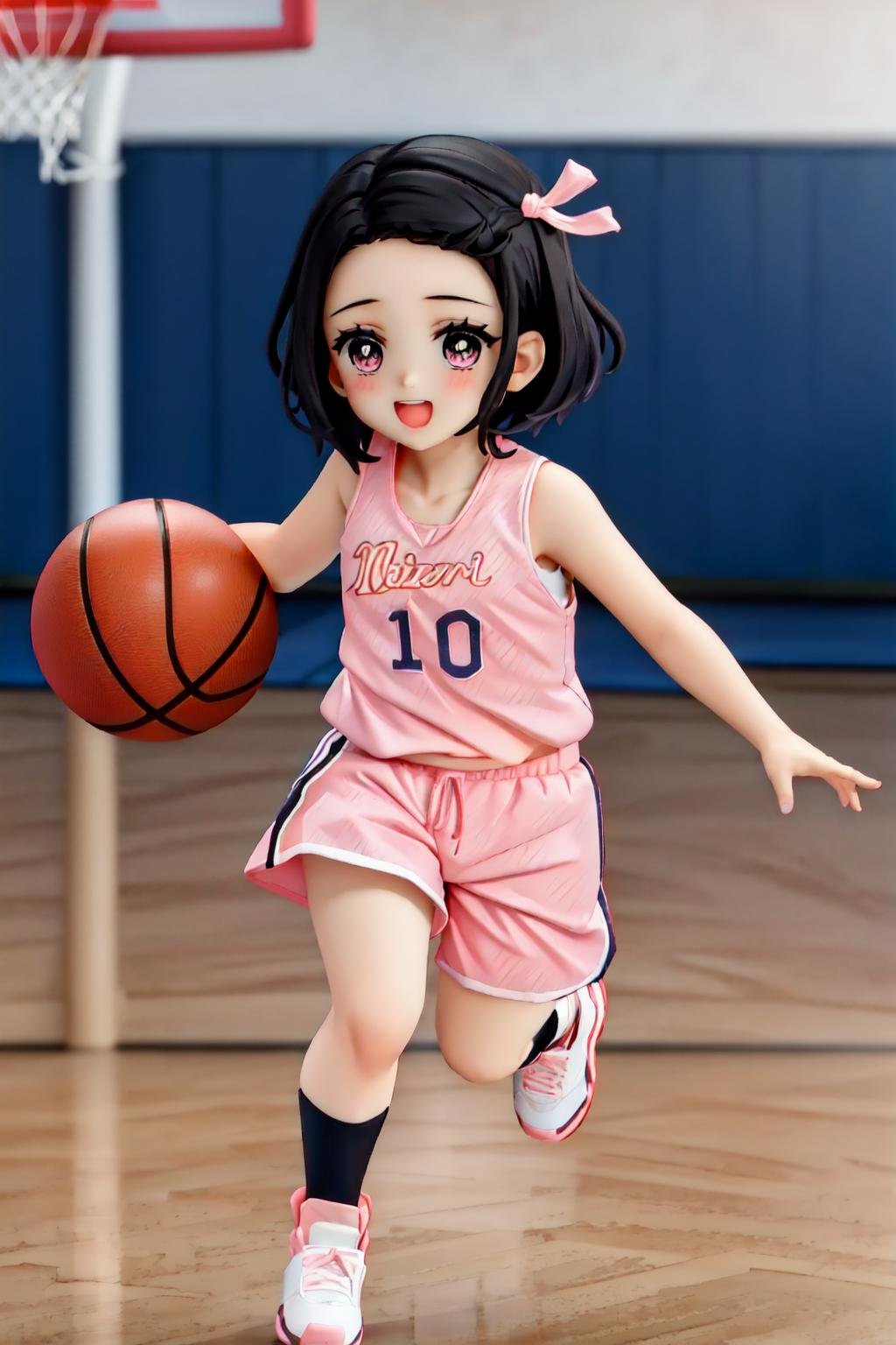 nezukorps,1girl,AS-YoungestV2, solo, black hair, purple eyes,white pupils, pink hair ribbon, short hair,full body,basketball court, pink basketball uniform, (pink tank top, white sport shorts), looking at viewer,running, playing basketball,(best quality, masterpiece) <lora:nezukorps_v1:1> 