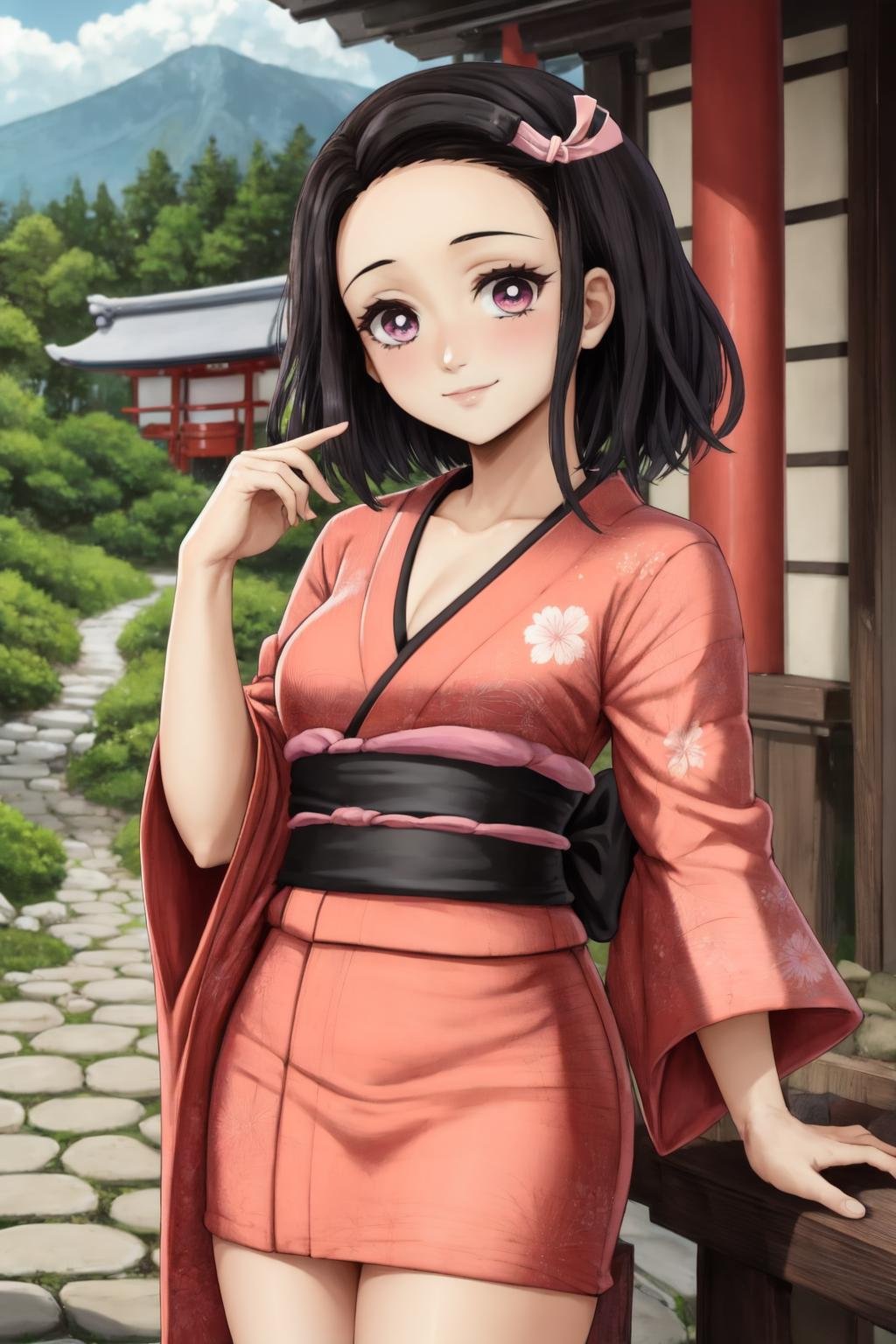 nezuko,1girl, solo,cowboy shot,black hair, short hair,purple eyes,white pupils,small breasts,pink kimono,(cleavage:0.7),(pink hair ribbon:1.1),slight smile,looking at viewer,forest,japanese architecture, shrine in the background, sky, pink petals,hand up,arm at side, (best quality, masterpiece) <lora:nezukorps_v1:1>  