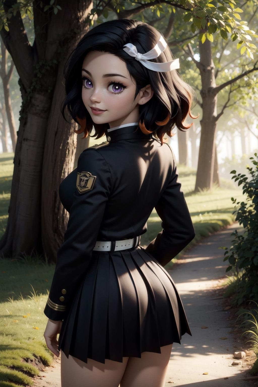 nezukorps,  1girl,solo,purple eyes, white pupils, black hair,(medium hair:1.1),two-tone hair,(looking at viewer:1.1),dappled sunlight,demon slayer uniform,black jacket, black pleated skirt,pink hair ribbon,white belt, cowboy shot,japanse forest,from behind, looking back,outdoors,smile,nature.small breasts,from above,(Maya 3d render:1.05), (masterpiece:1.3), (hires, high resolution:1.3), subsurface scattering <lora:nezukorps_v1:1> 