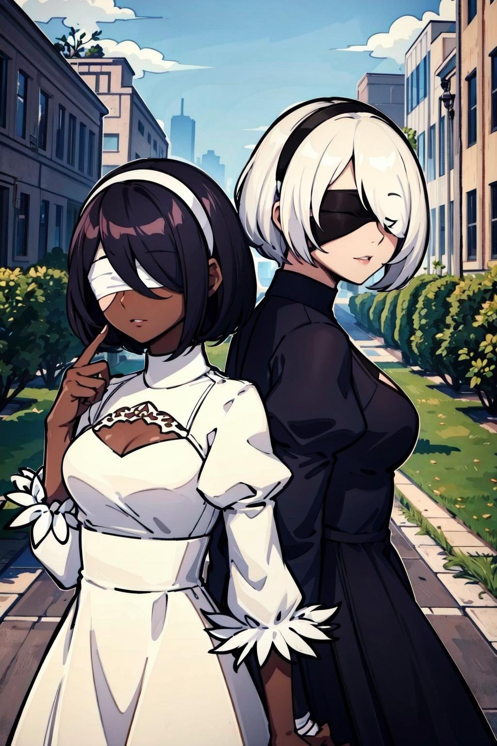 2girls, back-to-back, (ruins), post-apocalypse, overgrown city,(best quality, masterpiece)AND 2girls, back-to-back, (ruins), post-apocalypse, overgrown city,(best quality, masterpiece)  (y2p, dark skin:1.3,black hair, white hairband, white blindfold:1.4,blindfold:1.3,eyes covered, white dress,juliet sleeves, white gloves:1.2,short hair, hair over one eye,feather-trimmed sleeves,long sleeves) <lora:y2p_v1:1>AND 2girls, back-to-back, (ruins), post-apocalypse, overgrown city,(best quality, masterpiece)  (yorha no. 2 type b,white hair,  black hairband, black blindfold:1.3,blindfold:1.2, black dress, juliet sleeves, black gloves:1.2,long sleeves, hair over one eye,feather-trimmed sleeves,pale skin )