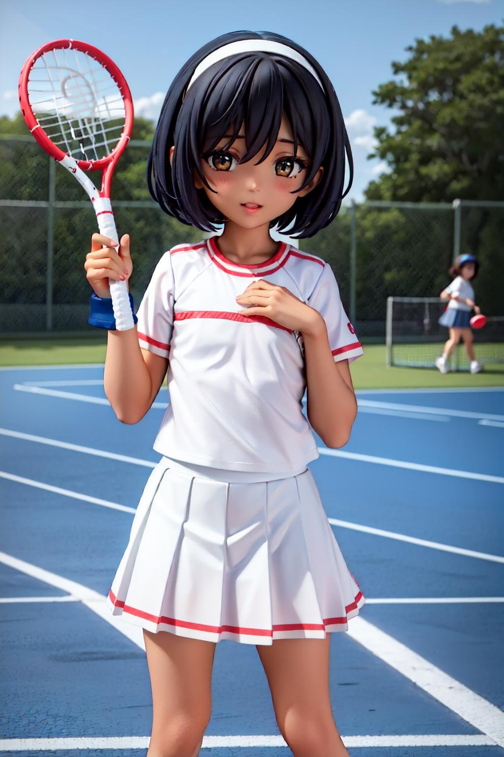 y2p, 1girl, (AS-YoungestV2:1.2),dark skin,black hair, short hair, playing tennis, white pleated skirt, white t-shirt, short short sleeves, tennis court, white visor,happy, white tennis shoes, blue hair bow, (best quality, masterpiece) <lora:y2p_v1:1> 
