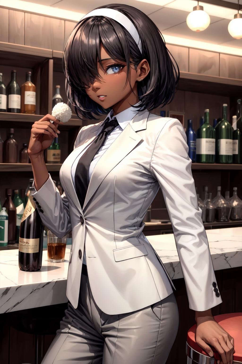 y2p, 1girl, dark skin,black hair, short hair,hair over one eye,grey suit, grey blazer, grey pants, white collared shirt, black necktie,white hairband, blue eyes,looking at viewer,indoors, night, bar, stool, counter, bottle,small breasts, (best quality, masterpiece) <lora:y2p_v1:1> 