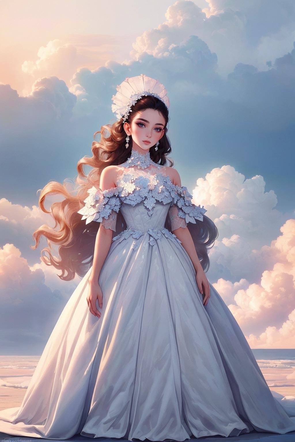 ((Masterpiece, best quality,edgQuality)), Haute_Couture,edgCloud, a woman wearing a Haute_Couture  edgHC_dress made of clouds <lora:edgLycorisCloud:0.85>