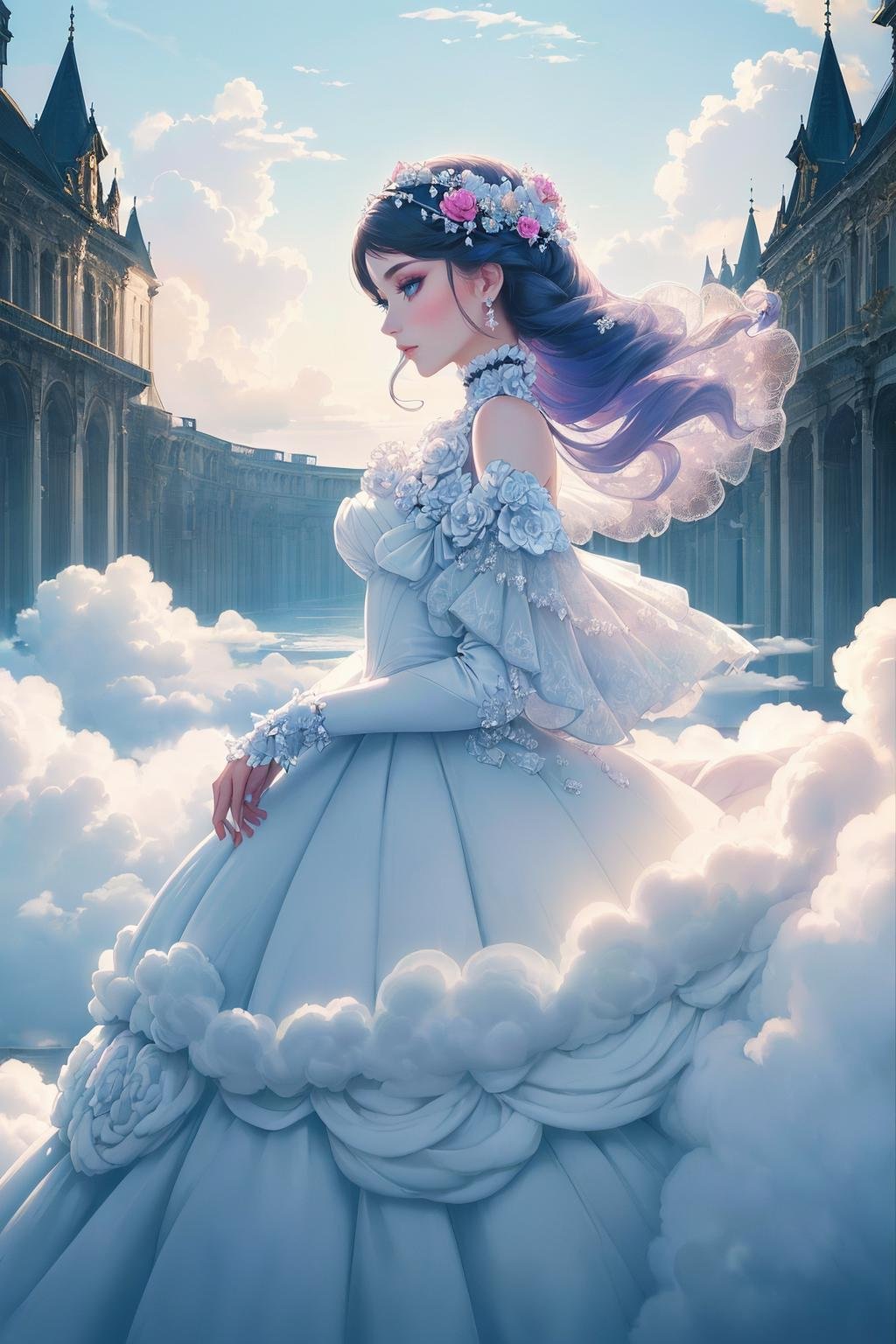 ((Masterpiece, best quality,edgQuality)), Haute_Couture,edgCloud, a woman wearing a Haute_Couture  edgHC_dress made of clouds ,wearing edgCloud, <lora:edgLycorisCloud:0.85>