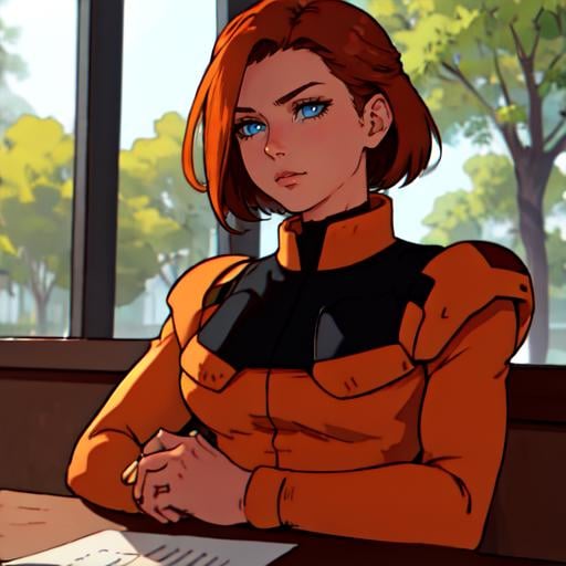 upper body, a woman sitting in a cafe, blue sky, trees with birds, beautiful eyes, beautiful girl, high detail skin, high detail eyes, high detail hair, highres, ultra detailed, sharpen picture, Highly detailed, masterpiece, best quality, photorealistic, <lora:empireuniformLoRA:1> dark orange gundampilotsuit