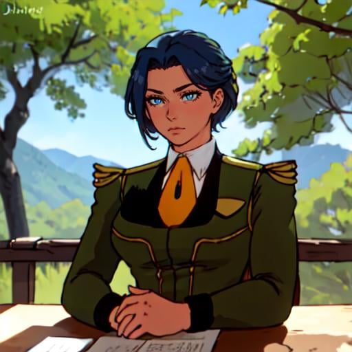 upper body, a woman sitting in a cafe, blue sky, trees with birds, beautiful eyes, beautiful girl, high detail skin, high detail eyes, high detail hair, highres, ultra detailed, sharpen picture, Highly detailed, masterpiece, best quality, photorealistic, <lora:empireuniformLoRA:1> gundammilitaryuniform
