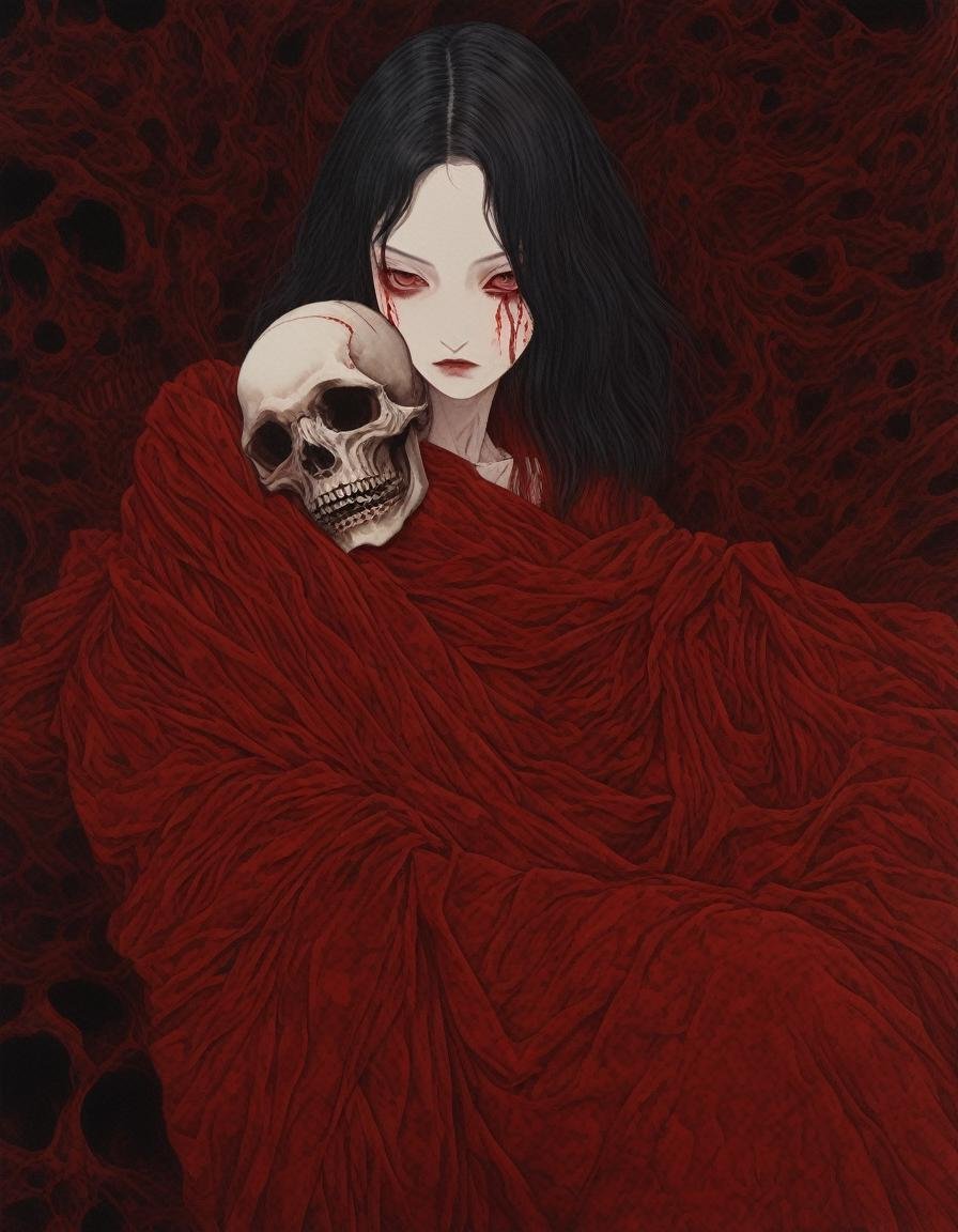 horror painting  , young woman cradling a skull surrounded by endless blood red velvet blankets ,  in the style of  takato yamamoto    , <lora:takma2:1>