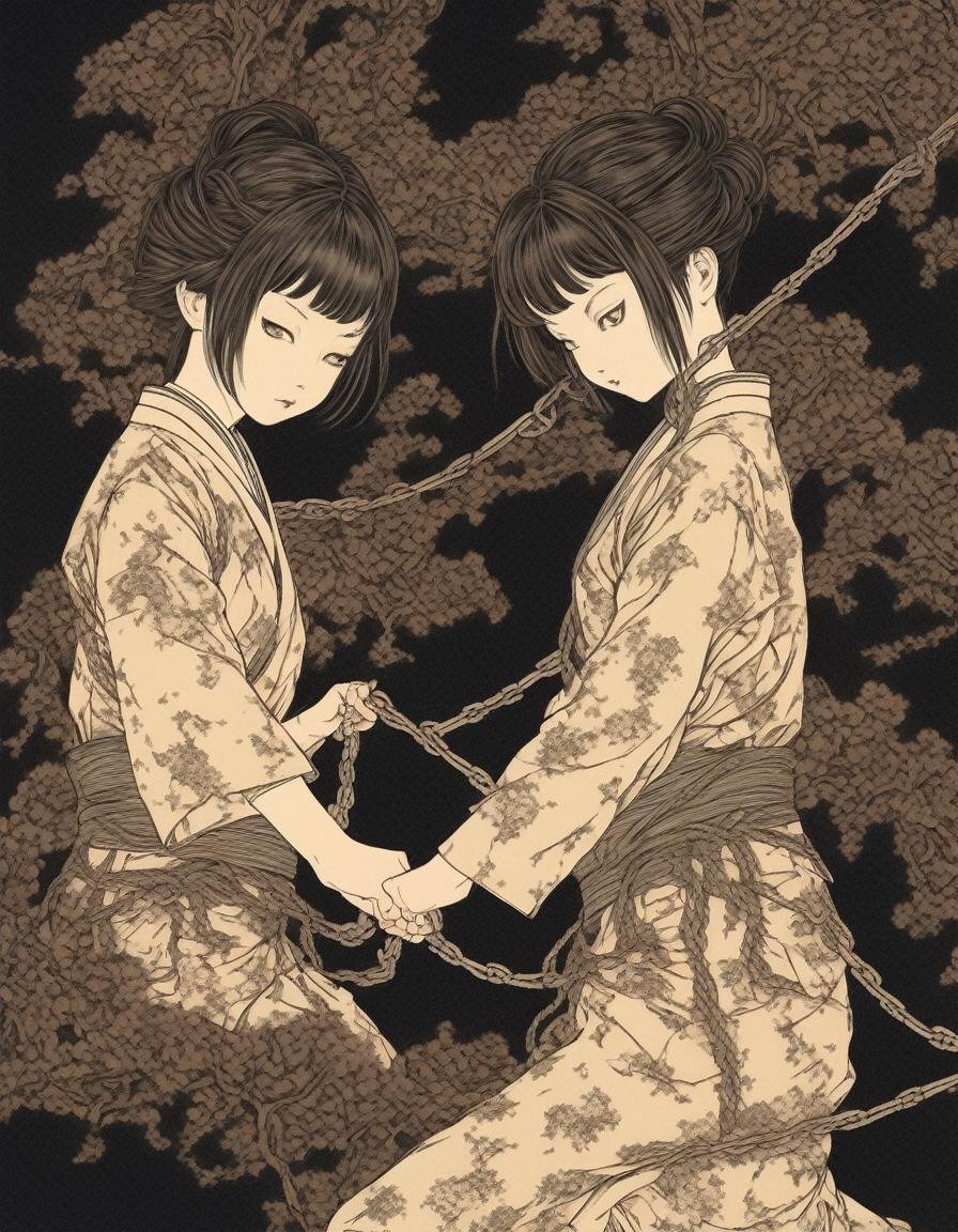 japanese line art    , two school girls in a garden tying each other up with chains and rope, knots, bdsm , floral damask background ,  in the style of  takato yamamoto    , <lora:takma2:1>