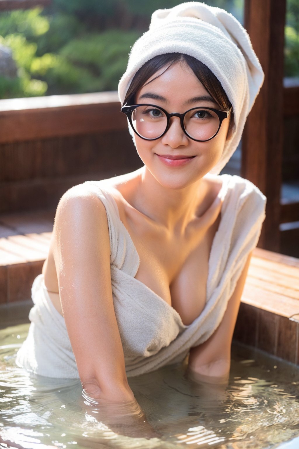 cute woman, bob hair, (glasses), upper body, light smile, cute makeup, towel wrap, onsen background, wet