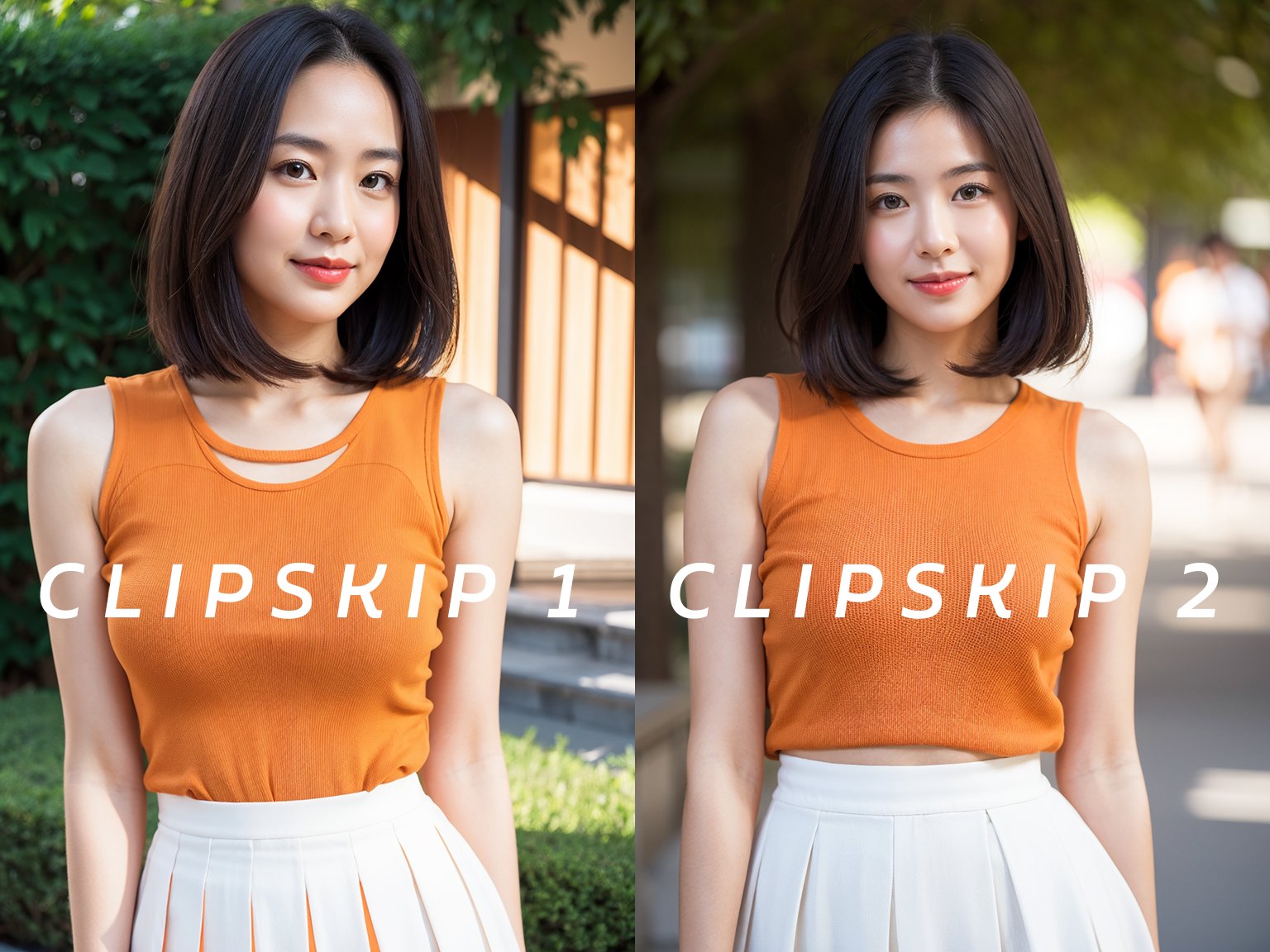 cute japanese woman, office woman, cute face, bob hair, forehead, soft red lips, light smile, upper body, sleeveless orange shirt, mini skirt, pleated skirt, natural lighting