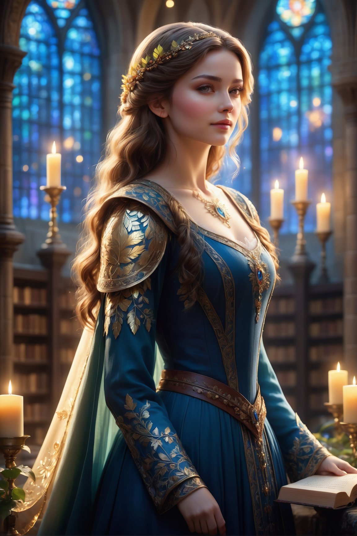 Generate a masterpiece image of a regal animated character with layered, chestnut brown hair that cascades down her shoulders, embellished with a golden hairpiece resembling leaves and berries. (divine proportion), non-douche smile. Her eyes should be a striking blue, large and expressive, framed with long, delicate lashes. Her attire is a richly detailed armor with ornate, golden filigree designs, featuring intricate patterns and embedded with sapphire-like gemstones. The character is poised elegantly, exuding a noble aura, with soft light filtering through a stained glass window casting warm hues around her. Her expression is serene and composed, with a slight blush on her cheeks and a faint smile on her lips. The background is a grand, medieval library with rows of ancient books and flickering candles, creating an atmosphere of old-world charm and mystique. by Skyrn99, full body, (((rule of thirds))), high quality, high detail, high resolution, (bokeh:2), backlight

