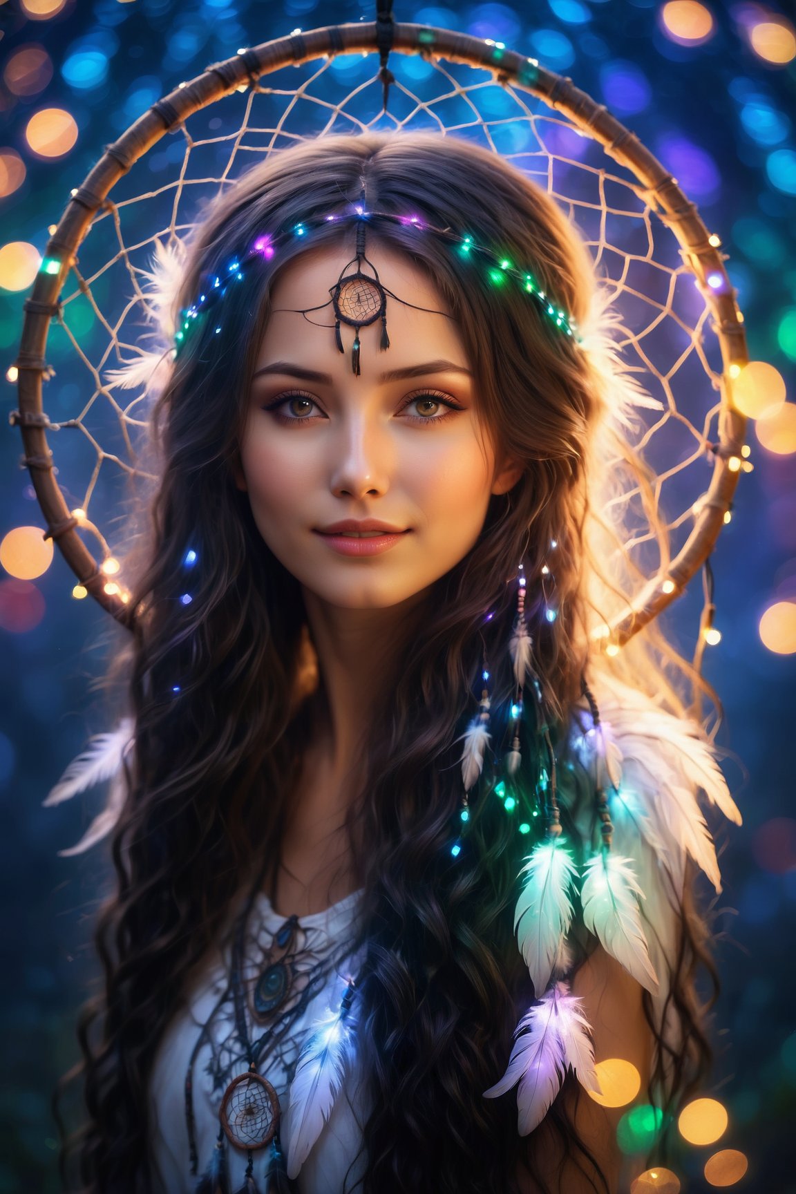Masterpiece image of a beautiful girl with long knotted hair caught in the middle of a huge dream catcher, divine proportion, non-douche smile, Luminous pixie dust particles, Glowing Whisper, Ethereal Touch, Nocturnal Grace, Silent Luminescence, Midnight Flutter, Whispering Silent, Iridescent Encounter, Moonlit Shadow, by Skyrn99, high quality, high detail, high resolution, (bokeh:3), backlit, long exposure:3,

