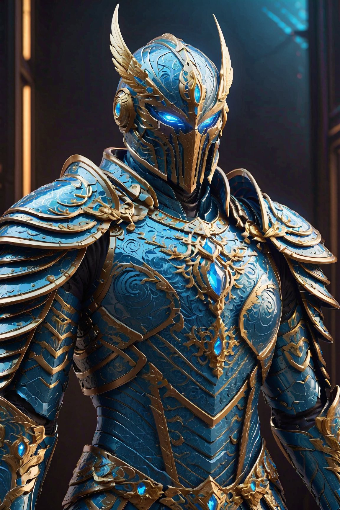 A futuristic suit of armor, crafted from shimmering dimone crystals and adorned with intricate geometric patterns. The armor glows with a soft blue light, emanating power and protection.