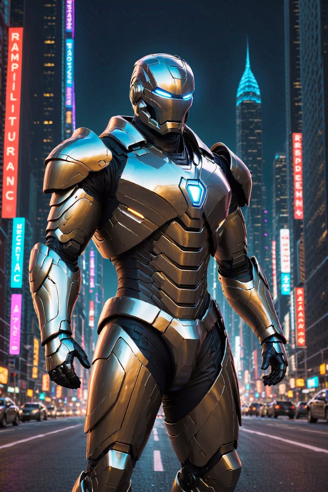 "A powerful Iron Man suit, adorned with glowing repulsors and advanced weaponry, standing tall and proud against a backdrop of city lights."