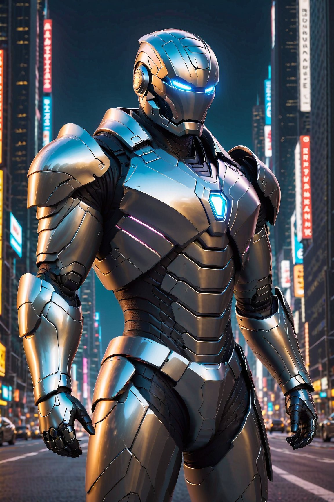 "A powerful Iron Man suit, adorned with glowing repulsors and advanced weaponry, standing tall and proud against a backdrop of city lights."