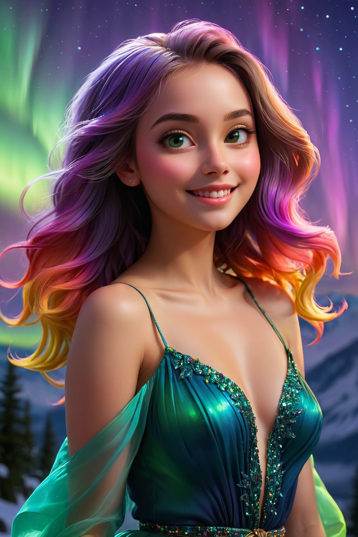(best quality,8K,highres,masterpiece), ultra-detailed, (super colorful, vibrant), enchanting image of a beautiful girl with a shoulder-length angled blunt-ends hairstyle. Her smile radiates warmth and positivity without any hint of arrogance. She stands gracefully under the mesmerizing glow of the aurora borealis in a vibrant night scene. The surrounding atmosphere is filled with a kaleidoscope of colors, creating a vibrant and ethereal dance of light. The girl embodies Nocturnal Grace, exuding Silent Luminescence amidst the Midnight Flutter of colors and the Whispering Silent beauty of the night. Every moment is an Iridescent Encounter with the Moonlit Shadow, celebrating a captivating and colorful display of artistry.