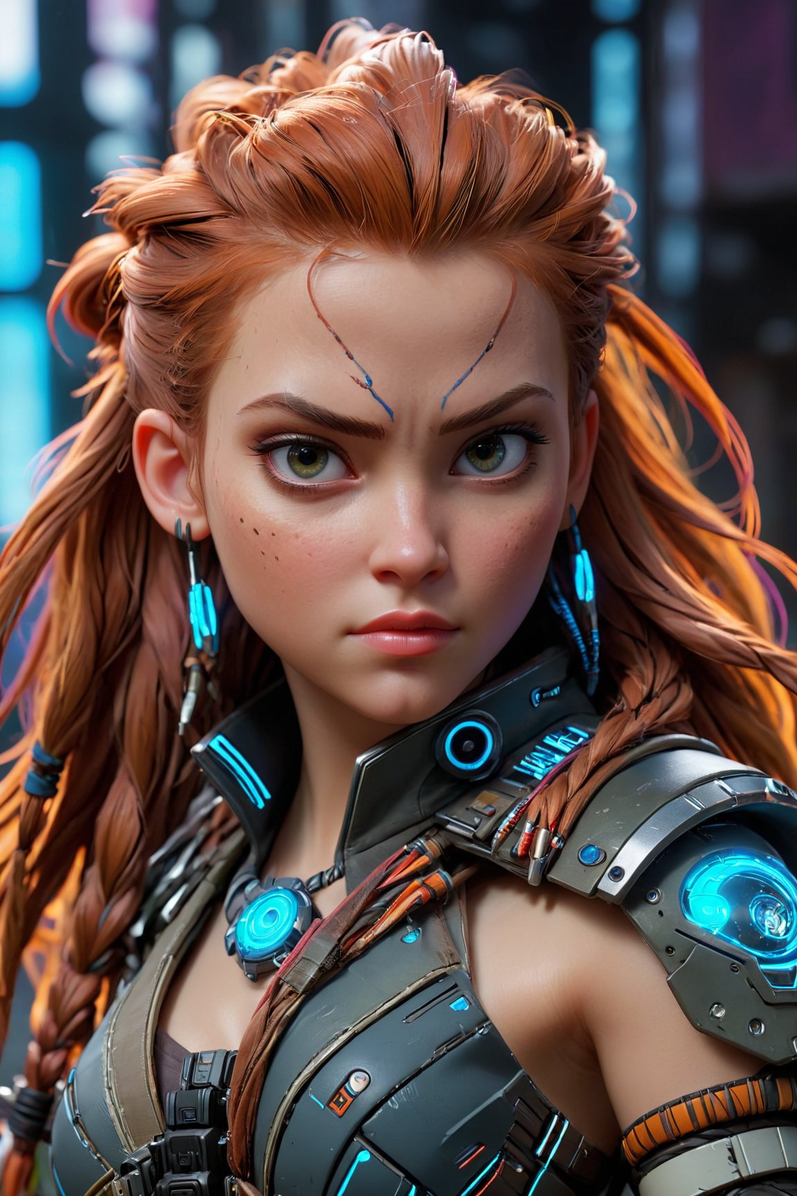 (best quality, 4K, 8K, highres), ultra-detailed, (futuristic cyberpunk illustration) portraying an American Caucasian heroine reminiscent of Aloy from Horizon Zero Dawn. Immerse yourself in a mesmerizing digital realm where this iconic character dons a cutting-edge cyberpunk ensemble, covering her entire figure. The high-resolution artwork unveils a world of urban sleekness, featuring Aloy in a sleek and modern cyberpunk outfit that gleams with reflective surfaces and neon accents, creating a visually striking and technologically advanced aesthetic. The artist's skilled strokes vividly capture Aloy's determination and strength, with atmospheric lighting that intensifies the cyberpunk ambiance. An exceptional masterpiece that seamlessly fuses gaming and cyberpunk elements, presenting Aloy in a new light that resonates with awe-inspiring futuristic glory.