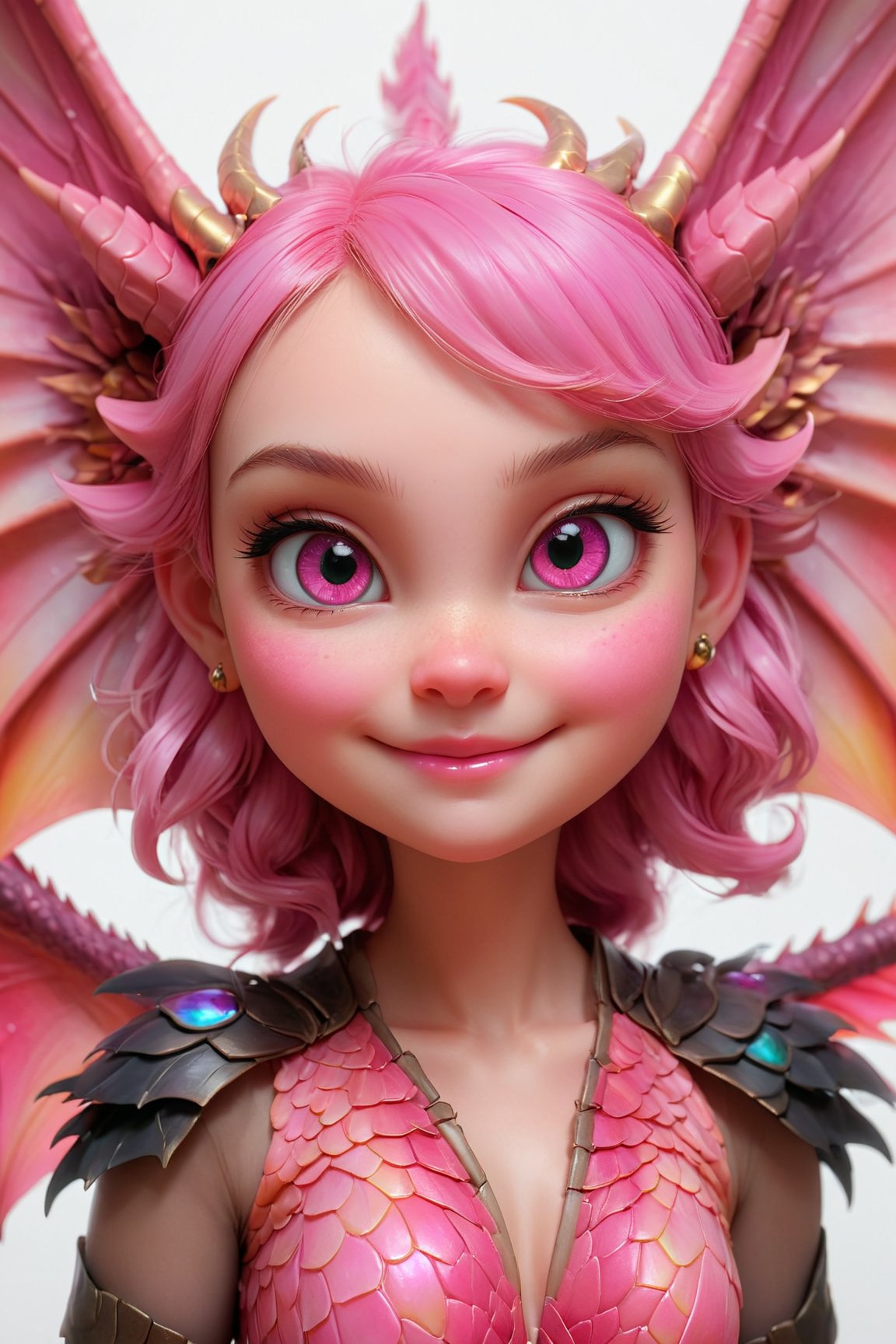 (best quality,8K,highres,masterpiece), ultra-detailed, (super colorful, pink dragon face), depicting the enchanting visage of a baby dragon, Her radiant pink scales glisten with vibrancy as she gazes at the viewer with a warm smile. Set against a simple yet striking white background, this illustration focuses on her charming face, showcasing her sparkling black eyes and the magnificent wings and head wings that frame her expression. The dragon's appearance is reminiscent of a delightful creature from the world of Pokémon, harmoniously fused with fantastical elements and a mesmerizing array of vivid pink hues, creating a captivating and stunning masterpiece.