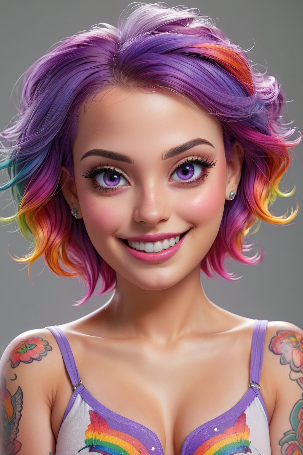 (best quality, highres)women, short crop top, rainbow hair, purple eyes, cute smile, full body tattoo, beautiful detailed eyes, beautiful detailed lips, extremely detailed eyes and face, long eyelashes, vivid colors, physically-based rendering, studio lighting, portraits
