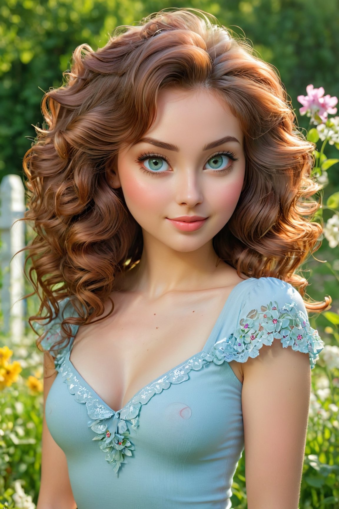 cute,sexy,russian,girl,Feeling happy,slight smile,Wearing a light blue tight fitting top,(beautiful detailed eyes:1.1),(beautiful detailed lips:1.1),(extremely detailed eyes and face:1.1),(long eyelashes:1.1),soft curly brown hair,pointed nose,(rosy cheeks:1.1),(flawless porcelain skin:1.1),(sparkling eyes:1.1),(slim figure:1.1),standing in a blooming garden,holding a bouquet of colorful flowers,(butterflies fluttering around:1.1),(sunlight filtering through the leaves:1.1),(soft spring breeze:1.1),(green grass and vibrant flowers:1.1),with a charming background of a wooden white fence and blue sky,(best quality,4k,8k,highres,masterpiece:1.2),ultra-detailed,realistic,photorealistic:1.37,portraits,vivid colors,pastel color tones,soft natural lighting.