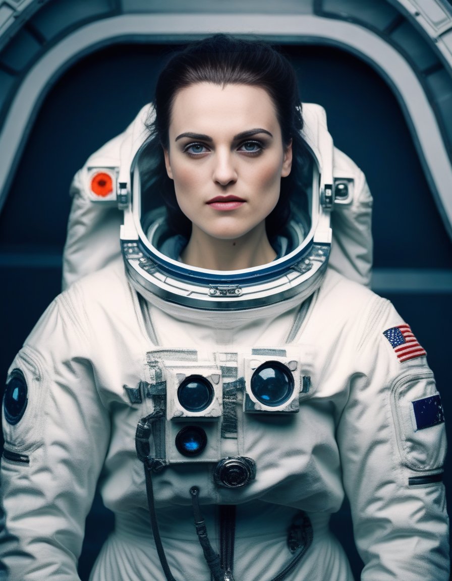 KatieMcgrath,<lora:KatieMcgrathSDXL:1>,photo,detailed background, stunning beauty, high quality photo, perfect composition, perfect details and textures, highly detailed, front view, looking at camera, perfect lighting, with an astronaut suit in the space station