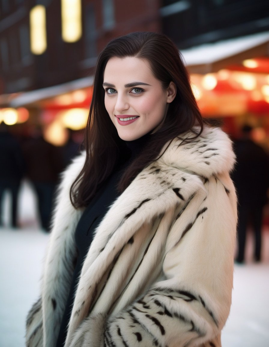 KatieMcgrath,<lora:KatieMcgrathSDXL:1>,Wearing coat, fur coat, mink coat, black turtleneck, brown eyes, looking at viewer, smiling, teeth, medium shot, standing, outside, city, market, nighttime, snow, crowd, high quality, masterpiece, gorgeous, cinematic, dramatic ambient, highly detailed, very cool, futuristic, sharp focus, intricate, vibrant, color, epic light