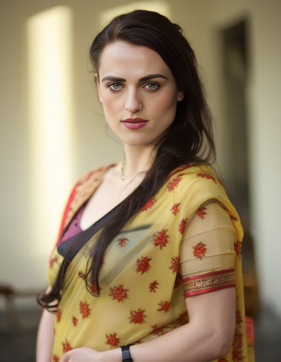 KatieMcgrath,<lora:KatieMcgrathSDXL:1>,woman wearing saree, background blur, portrait