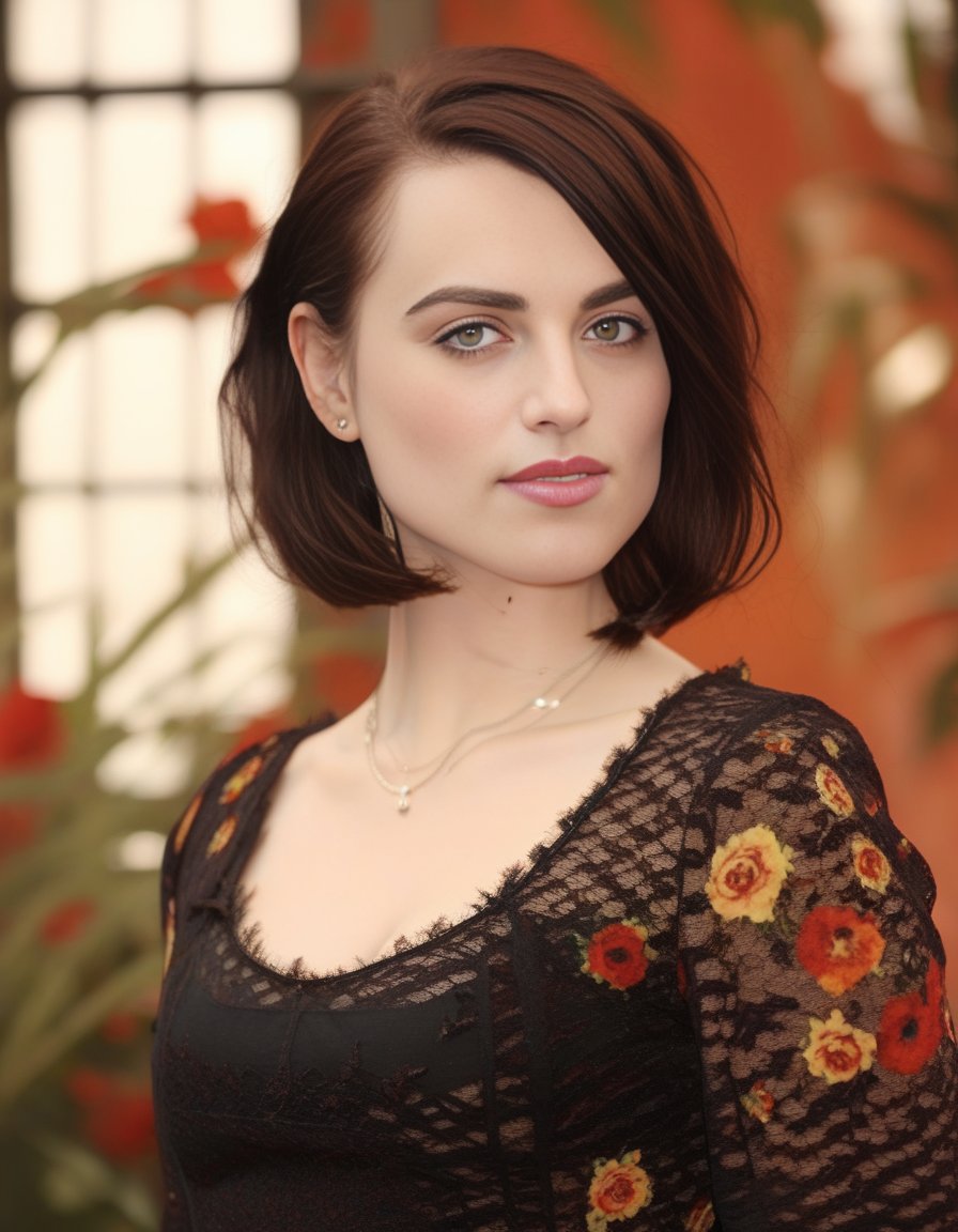 KatieMcgrath,<lora:KatieMcgrathSDXL:1>,An image of a woman with a side-parted, wavy burgundy bob haircut and brown eyes. Her fair skin is complemented with natural makeup. She wears a black lace top with a floral design over a rust-colored garment. The setting is a soft-focus urban backdrop, suggesting depth and atmosphere behind her. (((masterpiece)))